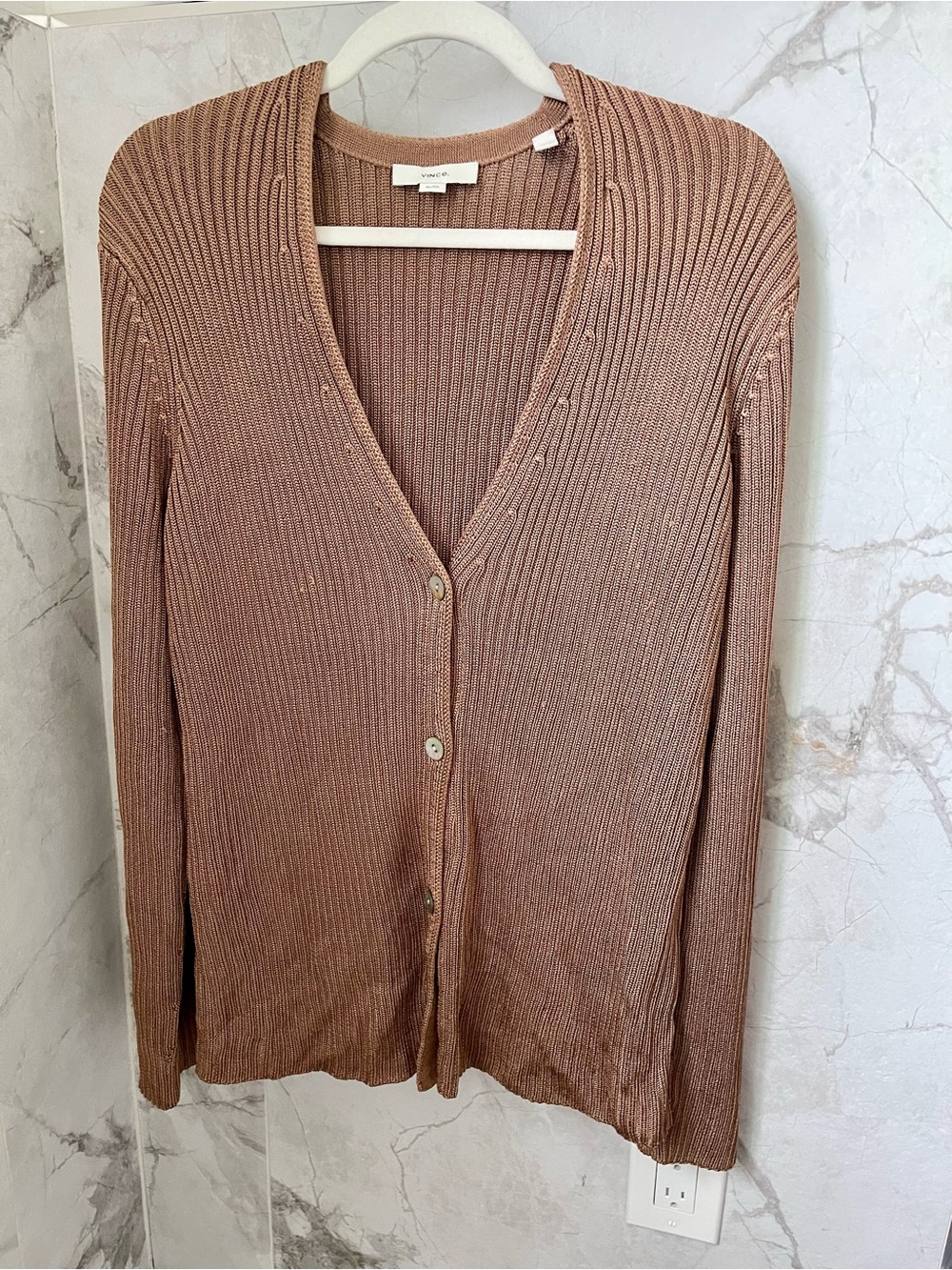 Vince Ribbed V-Neck Button Cardigan - Light Brown